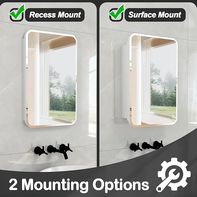 Rectangle Medicine Cabinet with Beveled Edge Mirror, No-Assembly Bathroom Wall Cabinet with Mirror, Adjustable Shelves, Tissue Slot, Recessed or Surface Mount (30" H x 20" W)