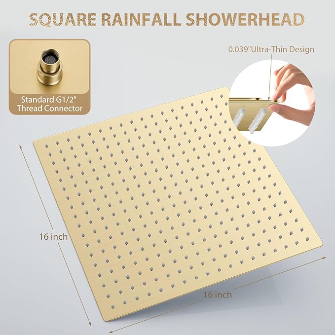 Gold Rain Shower Head, 16 Inch Ultra Thin 304 Stainless Steel Square Rainfall Shower Head, Full Body Coverage with 324 Silicone Nozzle Waterfall Showerhead