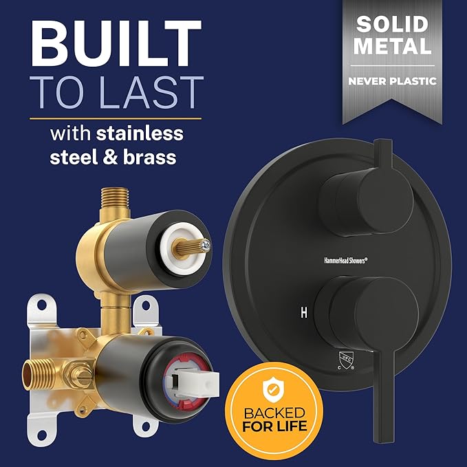 HammerHead Showers Solid Metal Two Handle Shower Valve and Trim Kit Matte Black, Diverts Water, Controls Volume and Temperature, Rough-In Shower Trim Kit with Valve and Pressure Balance Shower Valve