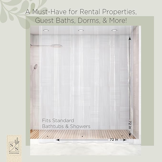 Stitch & Stone Shower Curtain Liner, Premium Medium Weight Durable Waterproof 6g PEVA for Bathroom with Weighted Magnets, Standard Size 72" x 72", Clear 2 Pack