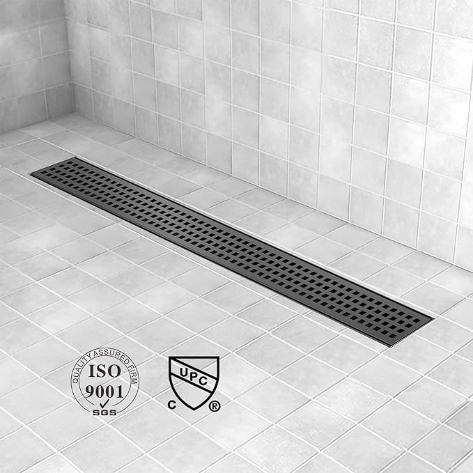 Offset Linear Shower Drain, Matte Black Shower Drain 24 inch with Removable Grate Cover, Brushed 304 Stainless Steel Side Outlet Black Shower Floor Drain with Hair Catcher and Leveling Feet