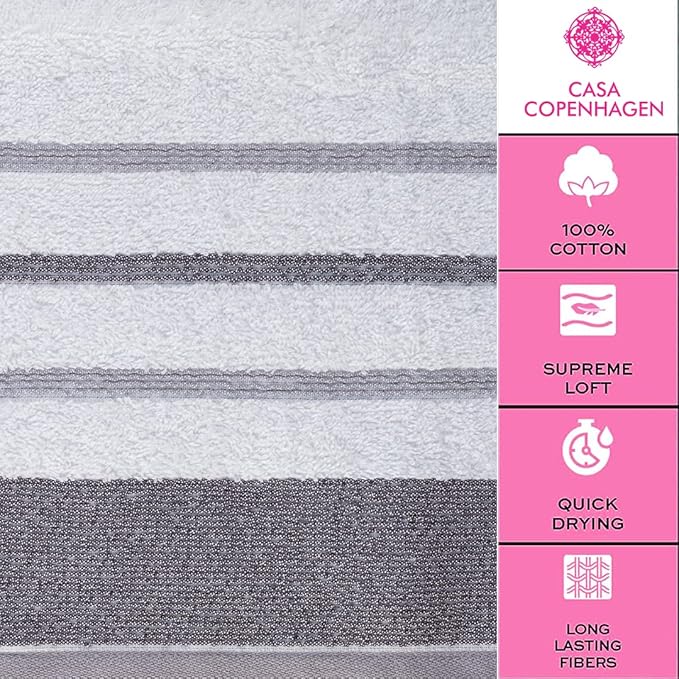 CASA COPENHAGEN White Bay, 6 Pieces Towel Set- White with Dark Grey and Light Grey Border, 600 GSM, 2Bath, 2Hand, 2Washcloths Egyptian Cotton Towel for Hotel Spa Kitchen Bathroom Kitchen & Shower