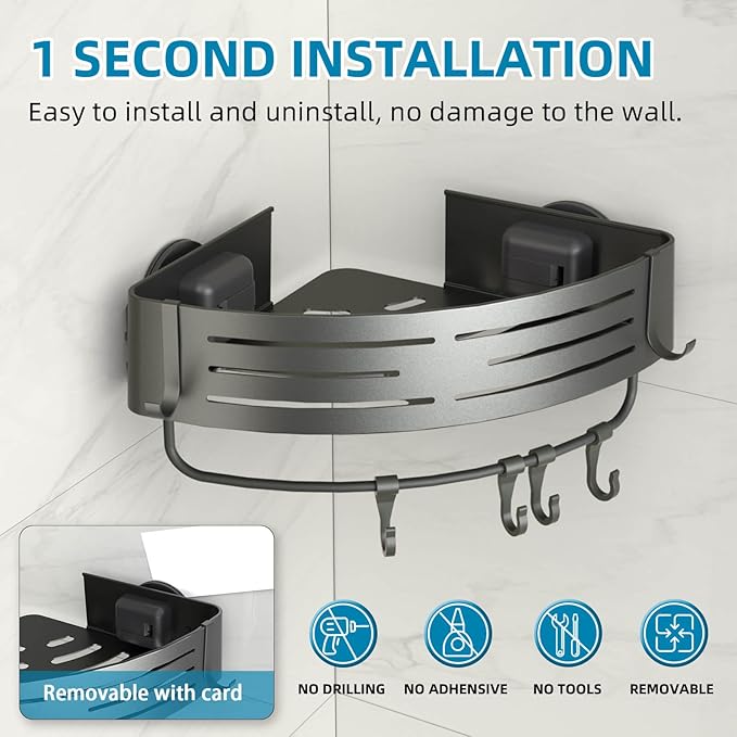 Onemake Corner Shower Caddy Suction Cup, Aluminum Wall Mounted Organizer Shelves Storage Rack with Towel Bar for Small Bathroom Grey