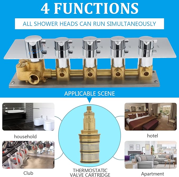HOMEDEC 4-Way Shower Diverter Valve Can Run Together, Concealed Thermostat 5 Handles Shower Control Valve Flow Bathroom Faucet Mixer Valve Kit in Chrome