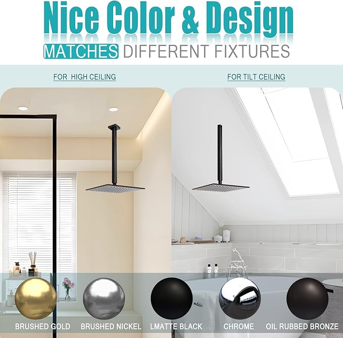 Oil Rubbed Bronze Shower Arm with Flange and Teflon Tape for High Ceiling Fixed Rain Showerhead, Universal Connection 16-inch Square Straight Shower Head Extender Extension Pipe, 304 Stainless Steel