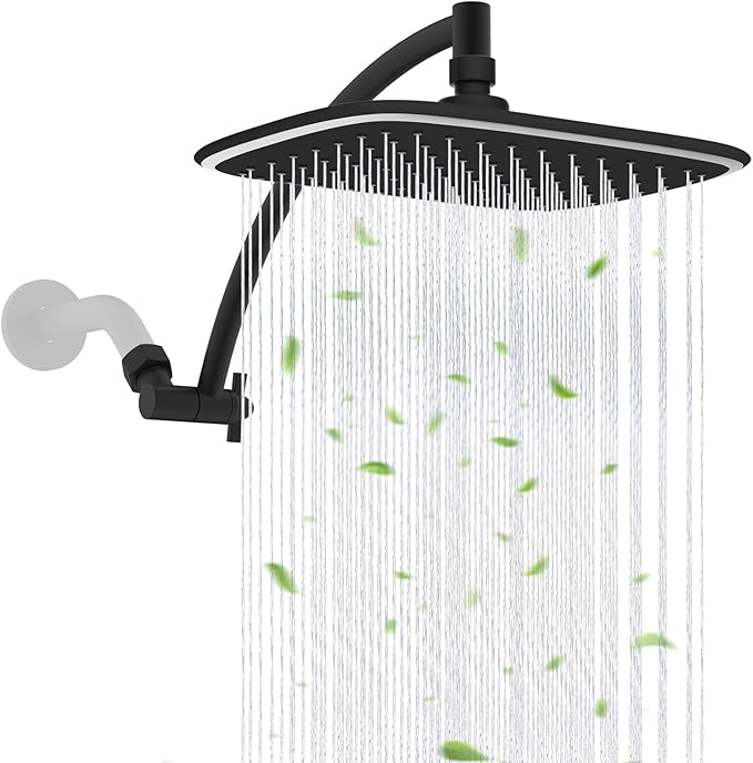Rain Shower Head with 12" Shower Head Extension Arm, 10" High Pressure Boosting Rainfall/Fixed Showerhead 2.5 GPM, Metal Shower Arm Extender Adjustable Height Angle, Easy Installation, Matte Black
