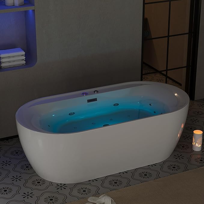 71 Inch Luxury Acrylic Freestanding Bathtub with Air Bubble & HydroJet Massage, Multi-Color LED Mood Lighting, Oversized Soaking Spa for Modern Bathrooms