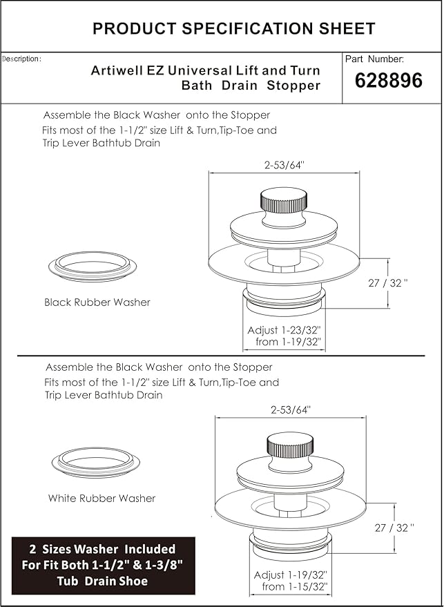 Artiwell Universal Lift and Turn Bath Drain Stopper and Cover, Bathtub Drain Stopper, Replaces Lift and Turn, Tip-Toe and Trip Lever drains for Tub, EZ Installation and Clearing (MATT Black)