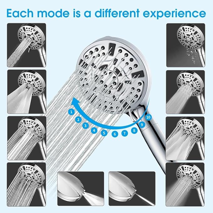 High Pressure10-mode Handheld Shower Head - Anti Clogging Nozzles, Removable Shower Head for Cleaning Tubs and Pets, Includes 5ft Stainless Steel Hose, ShowerHead with Wall Mounting Bracket