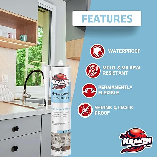 Kraken Bond Premium Kitchen and Bathroom Silicone Caulk Clear - (48x10.1 fl.oz) RTV Clear Silicone Sealant Waterproof for Kitchen, Bathroom, Shower, Sink, Anti Shrink 100% Silicone Caulking | 48 Pack