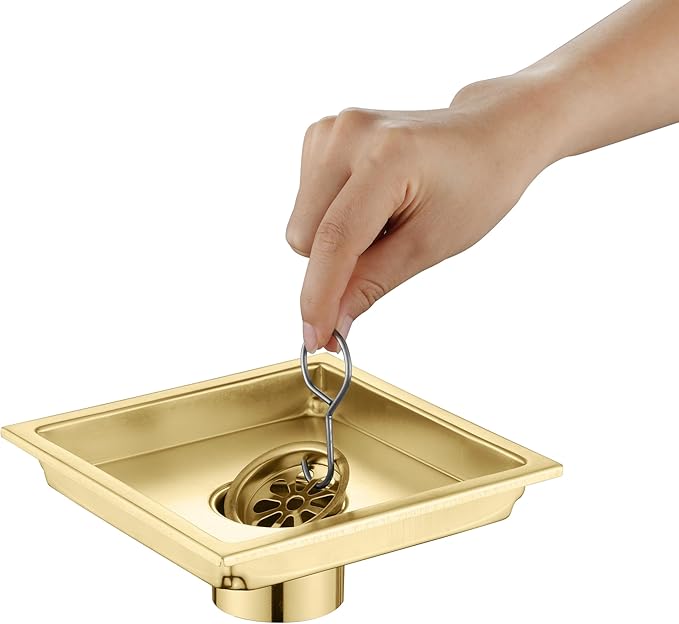 6 Inch Square Shower Floor Drain, Brushed Nickel High Flow Shower Drain Kit with Flange with Hair Filter, Removable Grate Cover, Stainless Steel, Abs Fixing Tray, CUPC Certified (Brushed Gold)