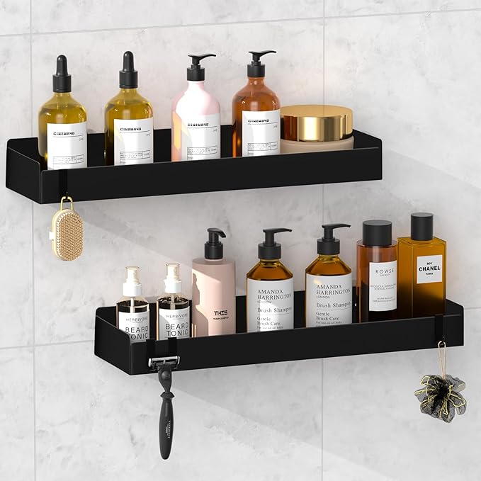 Shower Caddy Black,40cm Adhesive Shower Shelve with Large Capacity, Quick-Dry Metal Bathroom Shelves with 8 Hooks, 2 Pack Drill-Free Rustproof Durable Shower Organizers Rack