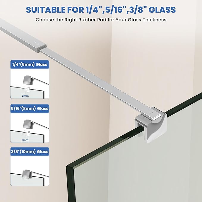 Shower Door Glass Support Bar, 26.96" to 48.54" Adjustable Stainless Steel Wall-to-Glass Shower Stabilizer Rod for 1/4", 5/16", 3/8", Chrome