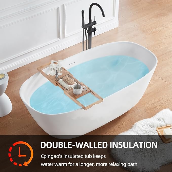Cpingao 71" Stone Resin Freestanding Bathtub, Solid Surface Soaking Tubs, Stand Alone Tub with Pop-up Drain and Overflow, Matte White 8823A-1800