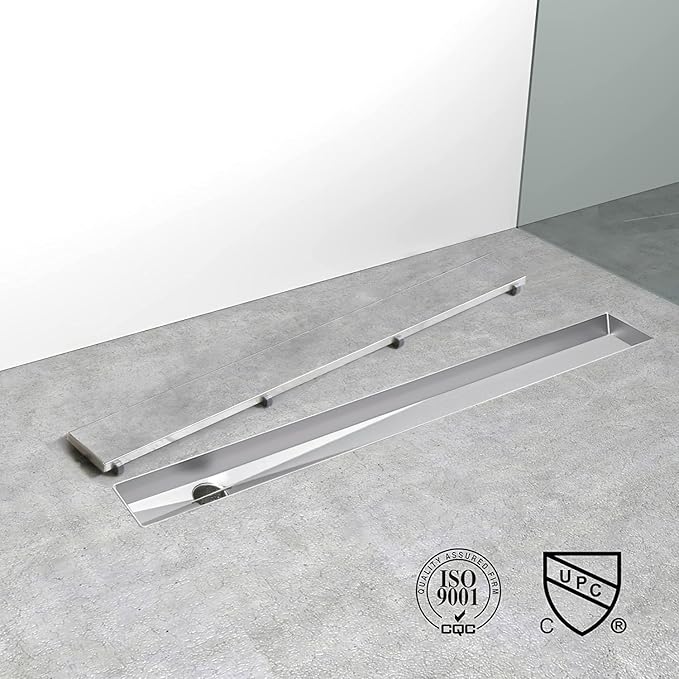 Offset Linear Shower Drain, Shower Drain 48 inch with 2-in-1 Tile Insert Cover, Brushed AISI 304 Stainless Steel Side Outlet Shower Floor Drain with Hair Catcher and Adjustable Feet