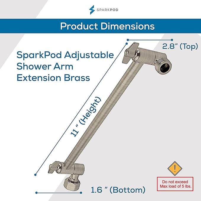 SparkPod 11" Solid Brass Shower Head Extension Arm - Flexible Height & Angle Adjustable Shower Arm Extension for Rain Showerheads with Sturdy Lock - Universal Pipe Connection (Elegant Brushed Nickel)