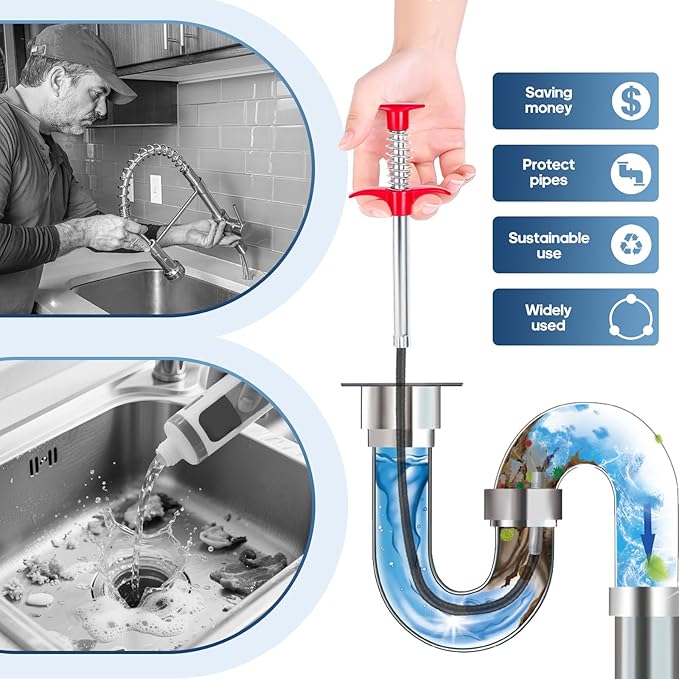 63'' Flexible Grabber Claw (4 Claws), Drain Snake with Tweezers, Bendable Hose Grabber Reacher Tool, Retractable Drain Clog Remover Tool, Pickup Tool for Bath Tub, Toilet, Kitchen Sink & Sewer