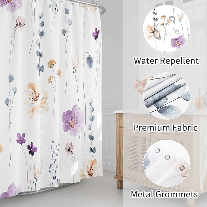 Gibelle Watercolor Floral Shower Curtain, Purple Beige Flower Shower Curtain for Bathroom, Modern Minimalist White Waterproof Fabric Shower Curtain Set 72x72 Inch