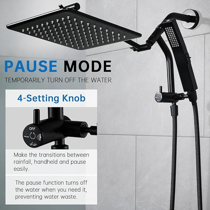 G-Promise All Metal 10 Inches Rain Shower Head with Handheld Built-in Power Wash Mode, 3-way Diverter with Pause Setting, 11 Inches Adjustable Extension Arm with Lock Joint, Long Hose (Matte Black)