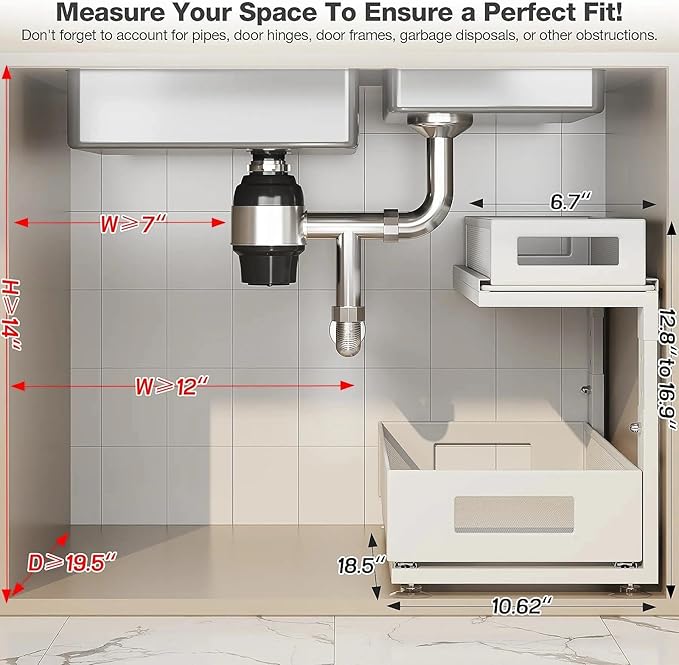 2 Pack 18.5IN-Depth Under Sink Organizer With Next-Gen Ball-Bearing Slides,2-Tier Pull Out Cabinet Storage,Height Adjustable Drawer Shelf for Bathroom,Kitchen,Laundry,Cabinet,Pantry-White