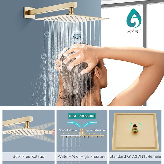 Aolemi Shower Faucet Set, High Pressure Shower System with 2-in-1 Handheld Sprayer, Wall Mount Fixture Combo with Rough-in Valve, 16 Inch Shower Head, Brushed Gold