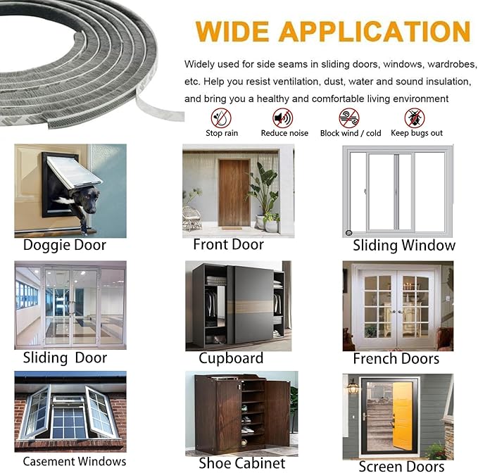 Door Weather Stripping Brush for Sliding Windows/Doors Frame Side,Pile Self Adhesive Weatherstrip Seal Strip Soundproof Sealer Draft Stoppers(33ft 0.35''Wide x 0.35''Thick, Gray)