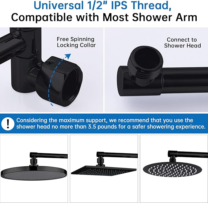 G-Promise 16 Inch Shower Head Extension Arm, Solid Brass Height & Angle Adjustable Extender, Rise or Lower Rainfall and Fixed Shower Head (Matte Black)