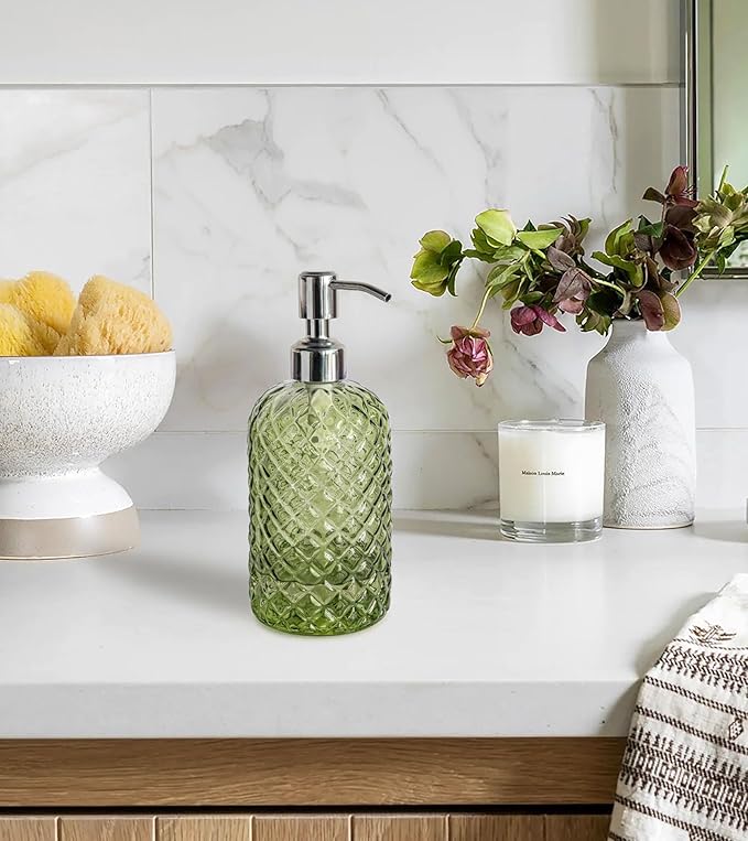 JASAI 18Oz Tea Green Soap Dispenser with Rust Proof Pump, Refillable Glass Soap Dispenser for Bathroom & Kitchen to Dispense Dish Soap, Hand soap, Lotion.