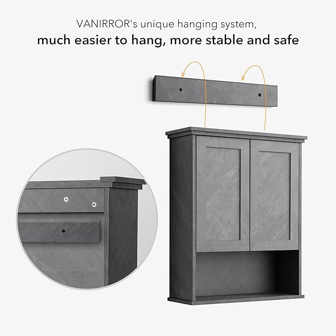 Bathroom Wall Cabinet Over Toilet Storage Cabinets 25x30 in Above Toilet Wood Medicine Cabinets for Bathroom Wall Mounted Cabinet with 2 Door & Adjustable Shelf Texture Grey