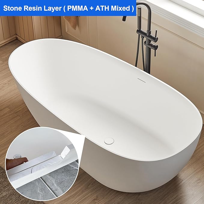 Cpingao 59" Freestanding Matte White Stone Resin Soaking Bathtub Modern Stand Alone Tub with Drain and Overflow, 8848-1500