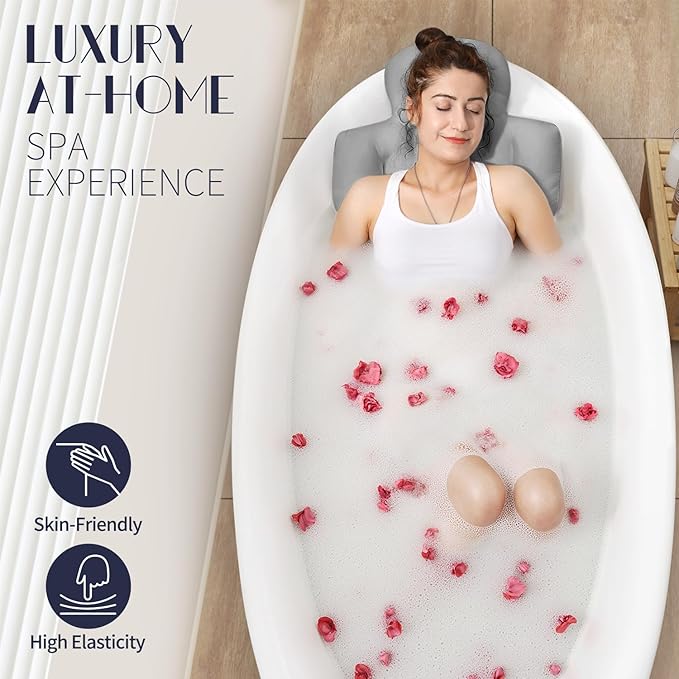 Full Body Bath Pillow for Bathtub, Thick Bathtub Cushion with Laundry Bag, Luxury Tub Pillow for Bath for Headrest Neck and Back Support Gray 60" x 16"