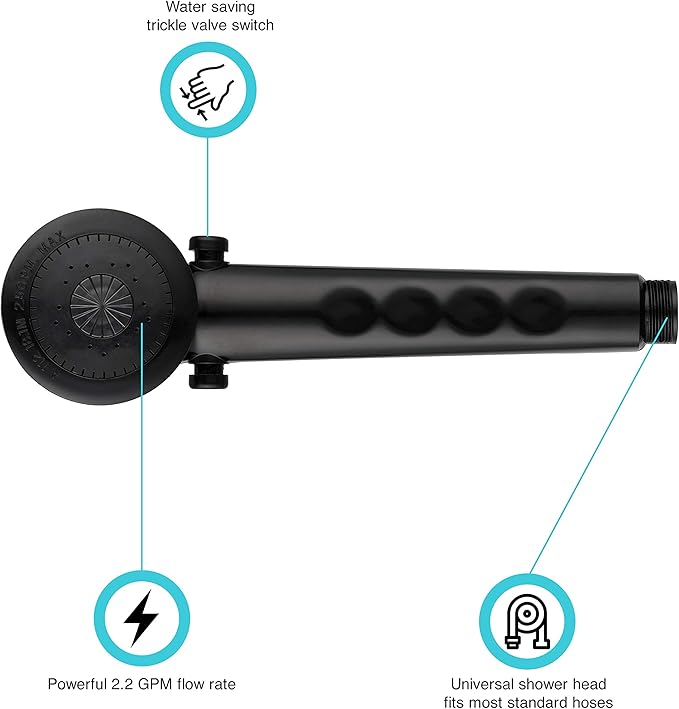 Dura Faucet DF-SA135-BK Economical Shower Head, Handheld RV Replacement Wand - Universal Water Saving system with Flow Control Trickle Switch (Black)