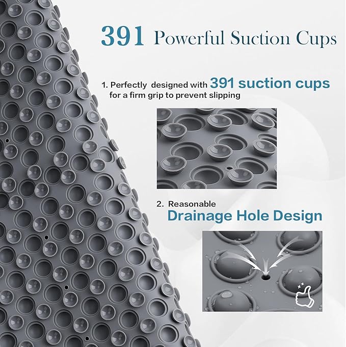 Silicone Push Pop Bath Mat with 391 Suction Cups,33x17.3 Inch Non-Slip Tub Mat for Adults, Superior to Foldable Mats for Safety & Stability with Drain Holes, Gray Thickend Soft Shower Mat