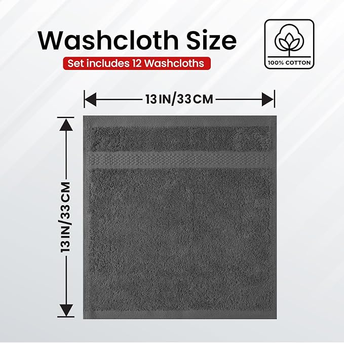 Infinitee Xclusives Luxury Wash Cloths for Showering [13x13] – 100% Cotton Washcloths [Pack of 12], Soft and Absorbent Face Towels for Bathroom Wash Clothes, Gym, and Spa (Shadow Grey)