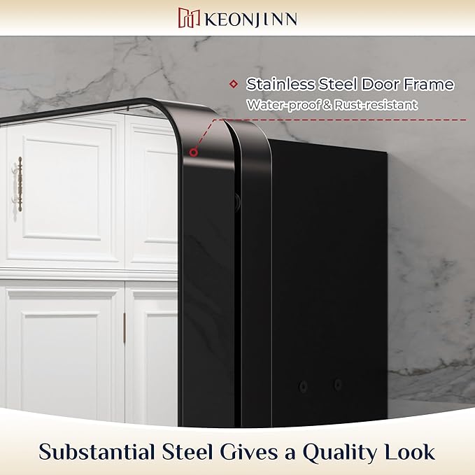 Keonjinn 24 x 32 Inch Black Recessed Medicine Cabinets, Bathroom Mirrored Medicine Cabinet, Gloss Black Stainless Steel Framed, Adjustable Shelves, in Wall or Surface Mount, Sturdy & Heavy, Farmhouse