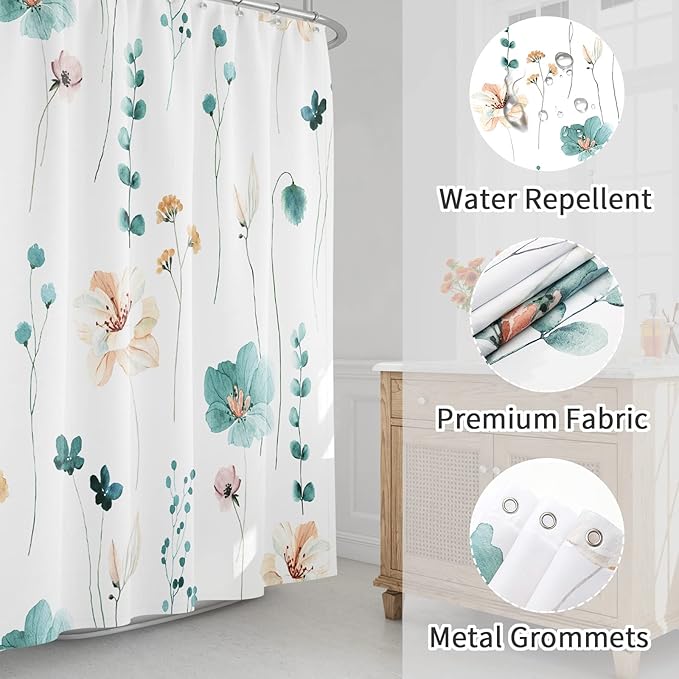 Gibelle Small Stall Shower Curtain 36 x 72, Narrow Half Watercolor Floral Fabric Shower Curtain, Teal Beige Flower Decorative Bathroom Shower Curtain Set