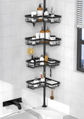 Corner Shower Caddy - 24 Hanging Hooks, Tension Pole Adjustable 25-114.2 Inch, Bathtub Organizer for Tub Corner - No Drilling, Black