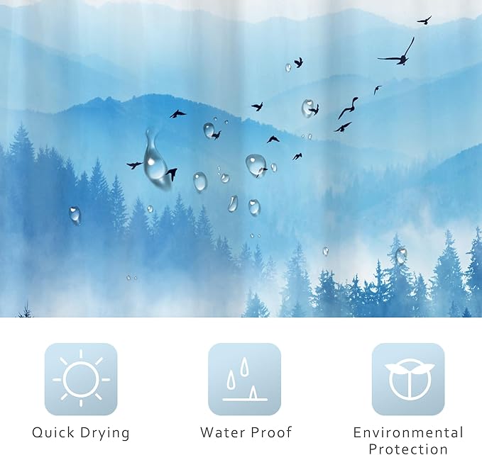 Riyidecor Navy Blue Shower Curtain 48Wx72H Inch,Stall Narrow Rv Small Nature Mountain Woods,Rustic Landscape Scenery Pine Tree Woodland Cool Bathroom Decor Fabric Polyester Waterproof 12 Pack Hooks