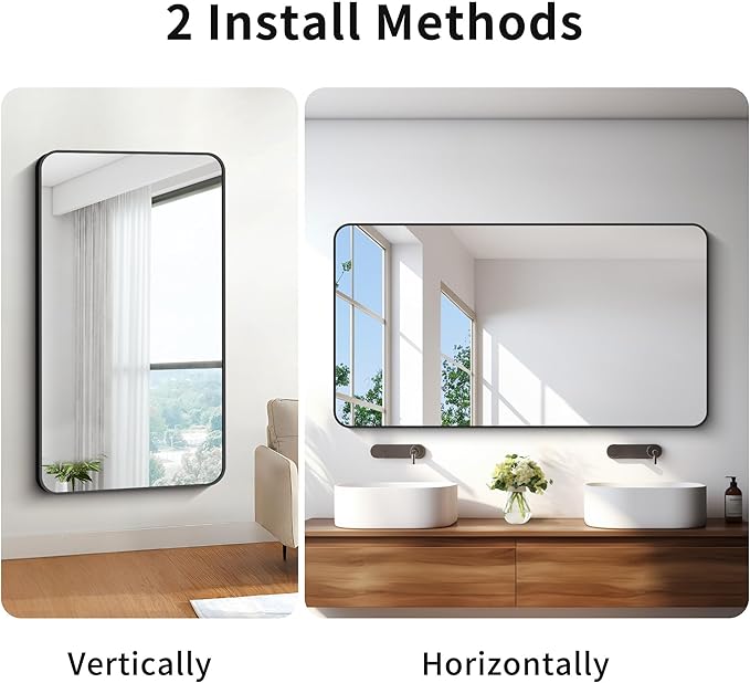 30x55 inch Bathroom Mirror,Black Rectangle Mirror,Wall Mounted Bathroom Frame Vanity Mirror with Round Corner for Bedroom Living Room, Entryway Hangs Horizontal or Vertical
