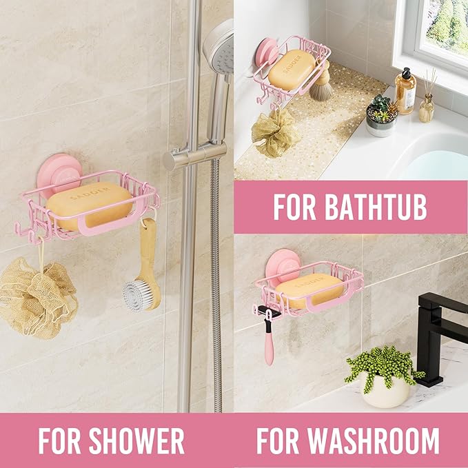 LEVERLOC Soap Holder Dish with Hooks for Shower, Bar Suction Cup Soap Tray Wall Mounted, Rustproof Stainless Steel Sponge Holder Caddy for Bathroom Bathtub Kitchen Sink, Pink