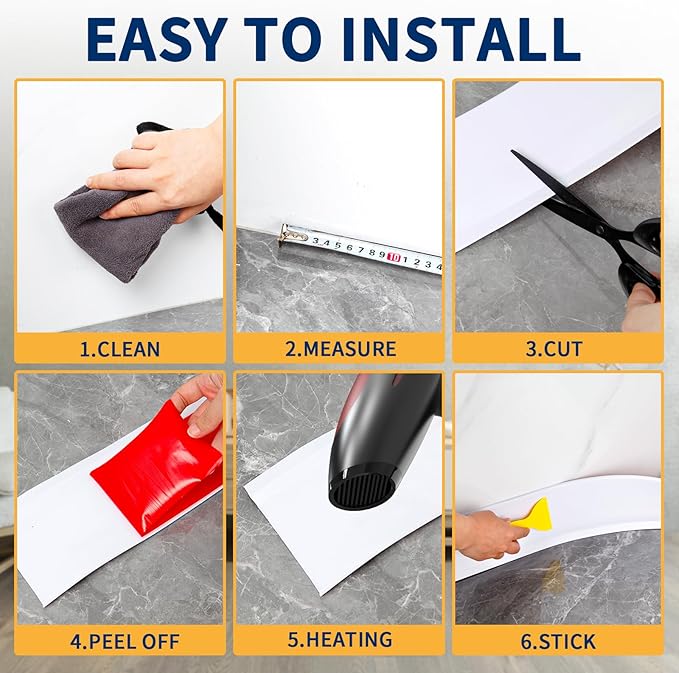 Flexible Baseboard Molding Trim 6 Inch Self-Adhesive Vinyl Wall Base Peel and Stick Cove Base Rubber Wall Baseboard Moulding Trim (60Ft, White)