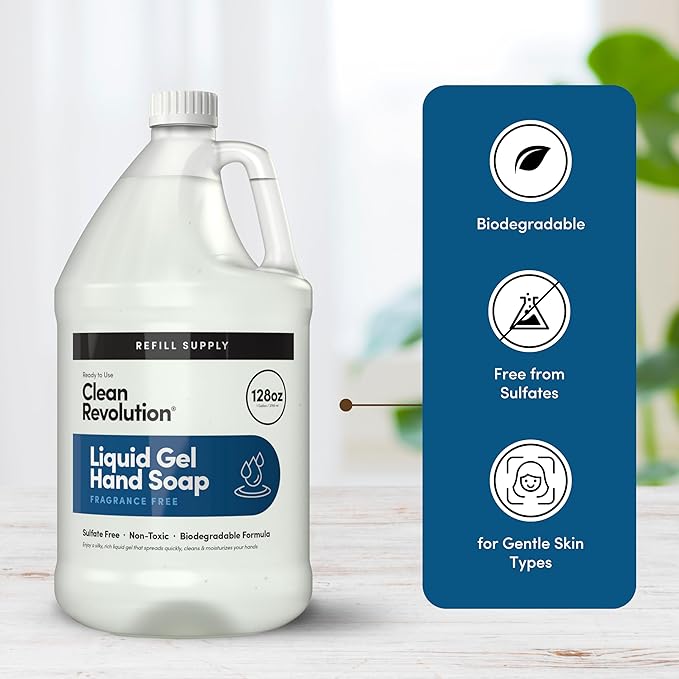 Clean Revolution Liquid Gel Hand Soap, Silky Rich Liquid, Quick Lather, Fast Rinsing, Contains Real Essential Oils (Spring Air) 128 Fl Oz