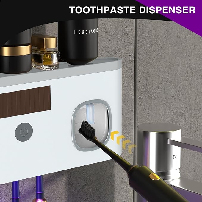 Wall Mounted Toothbrush Holder with Toothpaste Dispenser Electric Toothbrush Holder for Bathroom Solar Charging and No Drilling Required Smart Toothbrush Organizer with 5 Brush Slots