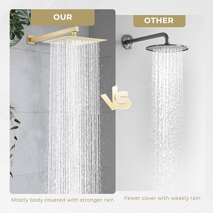 High Pressuer Square Rain Shower Head, Ultra Thin, SUS304 Stainless Steel, Universal Any Decorative Style, All Metal Rainfall Shower Head, Brushed Gold, 2.5 Gpm, 12 inch