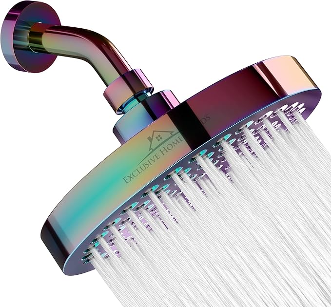 Rainfall Shower Head - 6" High Pressure Shower Heads - 1.8 GPM Shower Heads with Anti-Clog 90 Rubber Jets - 360° Rotation Adjustable Shower Head - Rustproof Bathroom Shower Head - Polished Rainbow