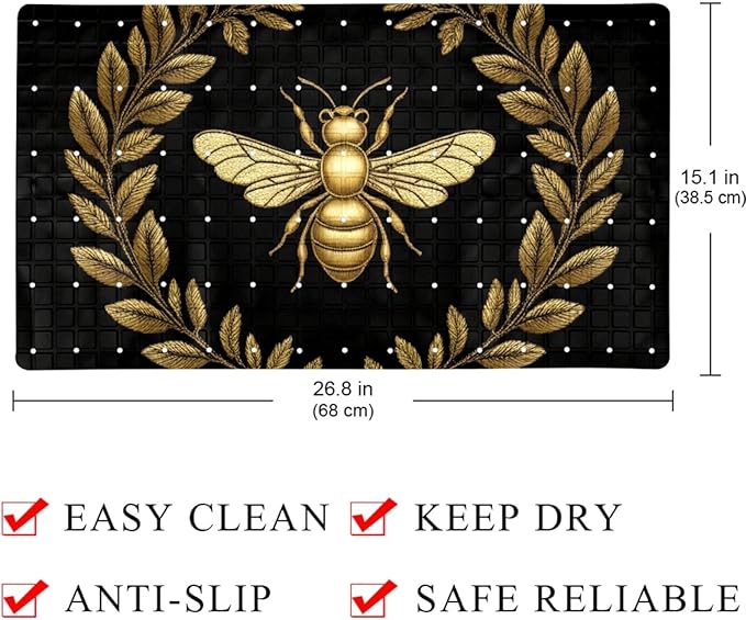 Bath Tub and Shower Mats, Non Slip Bathmat with Drain Holes and Suction Cups for Bathroom Floor, 15.1 x 26.8 Inch (Embroidery Art Golden Bee with Wreath)