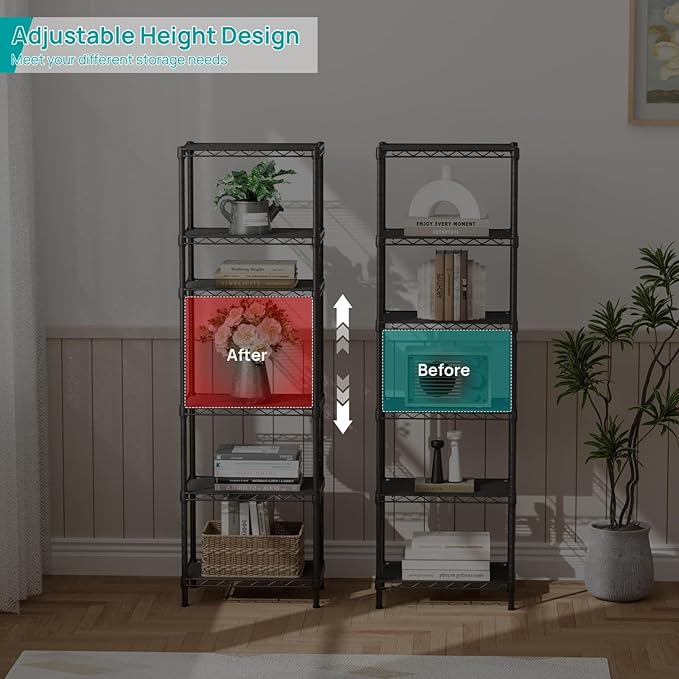 SINGAYE 6 Shelves Bathroom Organizers and Storage Shelf Wire Closet Metal Pantry Kitchen Small Garage Shelving Unit Laundry Room Organization Home Tall Rack Balck 10" D x 16" W x 60”H