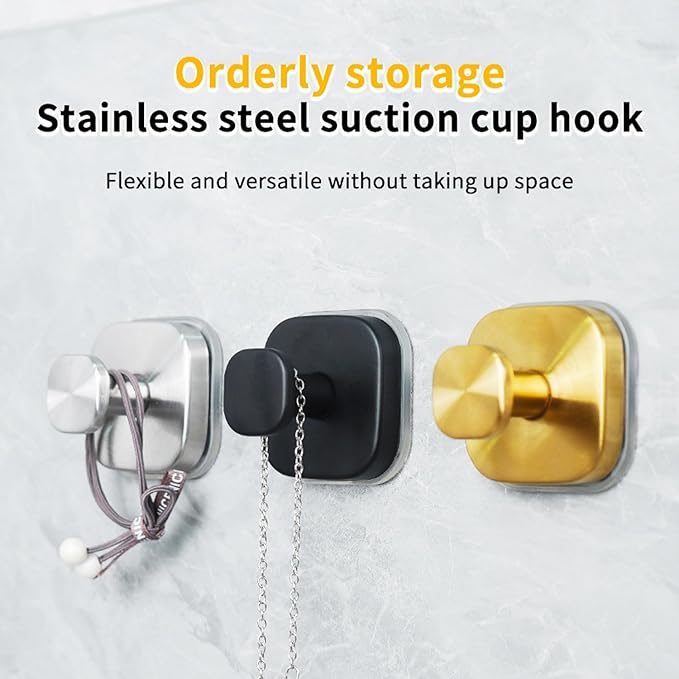 2Pcs Square Suction Cup Hook, 304 Stainless Steel Shower Hook, Removable Suction Cup Knob for Shower, Bathroom, Kitchen, Glass Door, Mirror (Black)