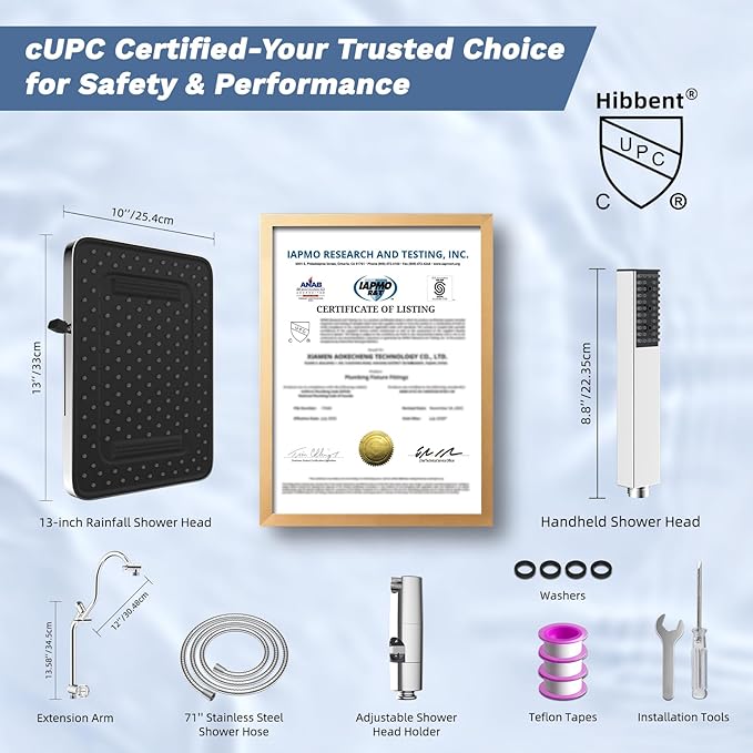 Hibbent Upgraded cUPC Certified 13'' Shower Head Combo, High Pressure 5-spray Rainfall Showerhead, Stainless Steel 4 Modes Handheld Spray, All Metal 4-way Diverter Arm, 71'' Hose & Holder, Chrome