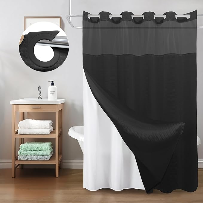Inhousolu Stall No Hook Shower Curtain with Snap in Fabric Liner Set Waffle Weave 230GSM Weighted Hem, Waterproof & Washable Bathroom Curtain Spa Luxury with Mesh Top Window 60" W x 72" L Black